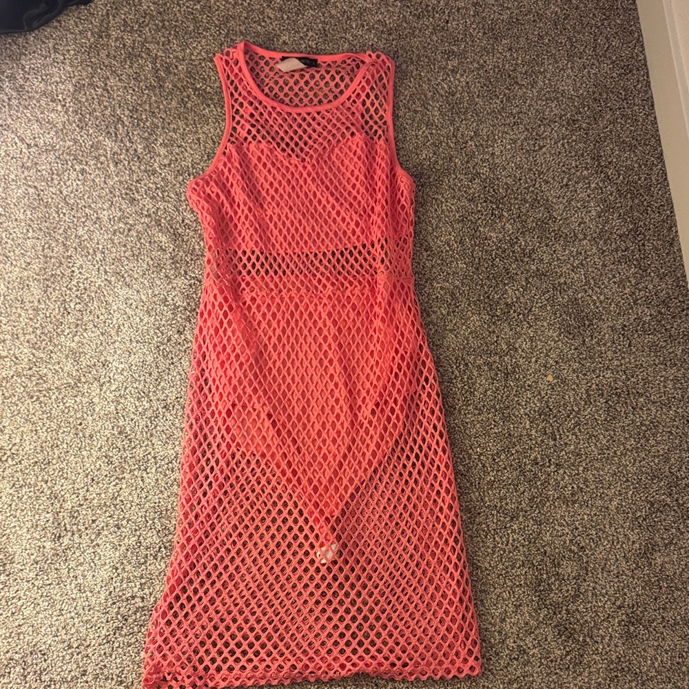 Elegant Coral Mesh Midi Dress